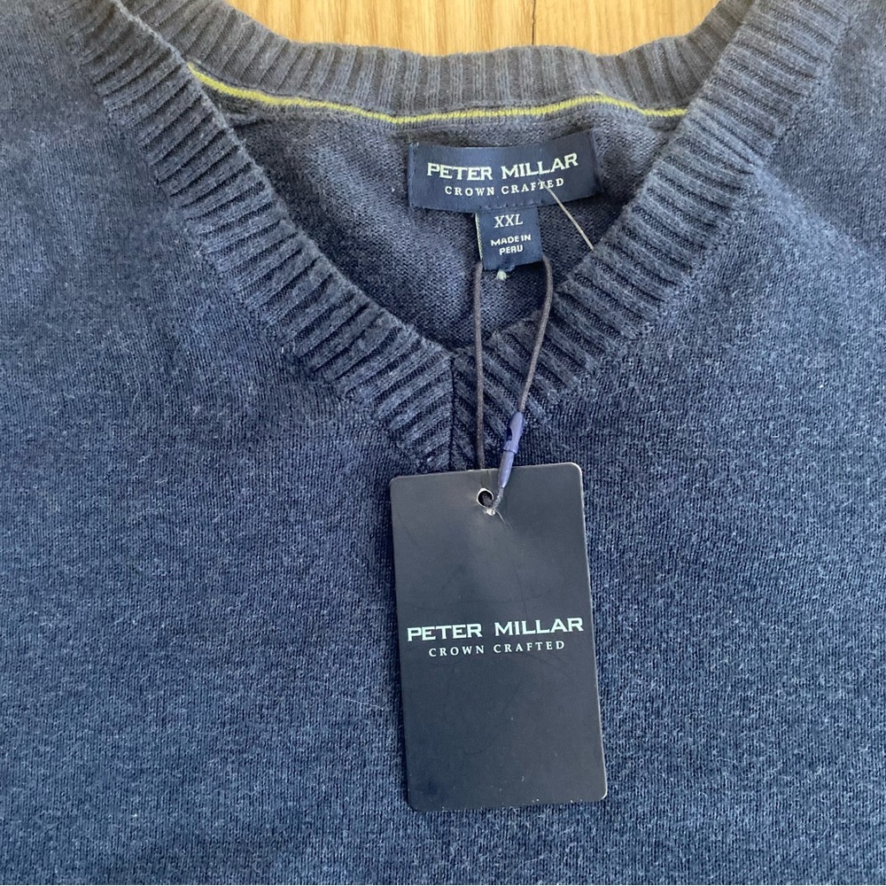 Peter Millar Navy Blue V Neck Sweater Cotton Golf Performance Holiday Work 2XL - Picture 1 of 10